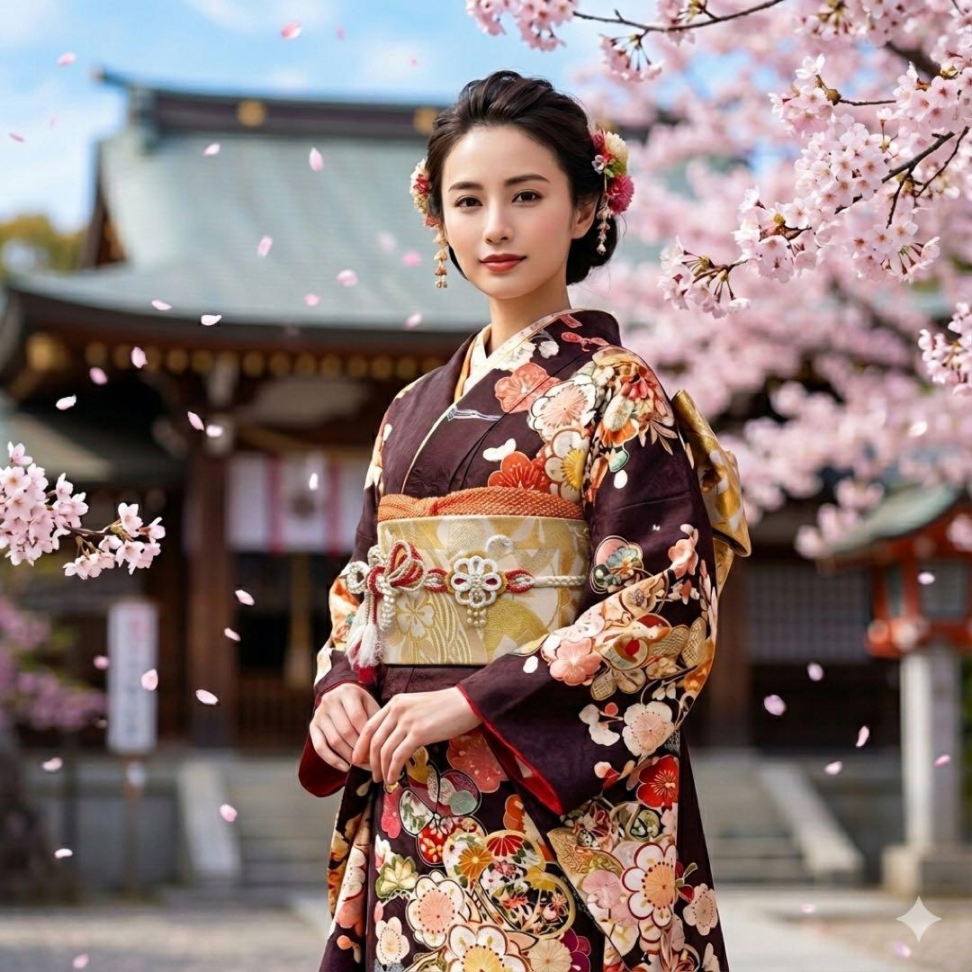 振袖7点フルセット　京都きもの友禅　金駒刺繍 金彩　松　梅紋様　成人式　お正月