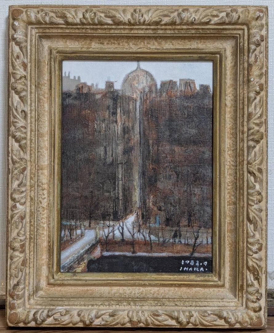 【真作】絵画　油彩4号　都市の風景画　ドーム建築と街並み　建築と並木道　Y189