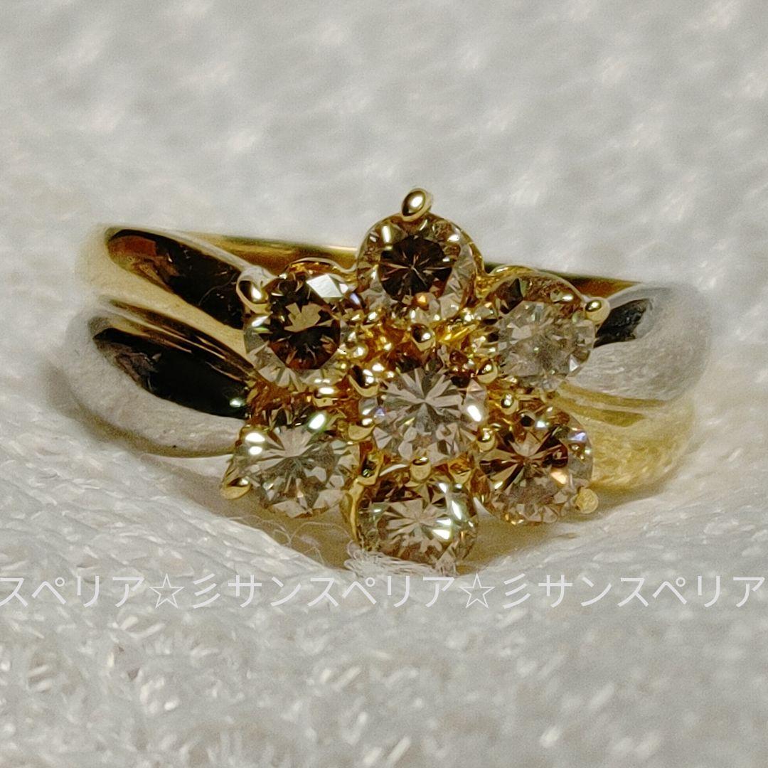 K18&Pt900 ライトブラウンダイヤモンド1.00ctのフラワーリング