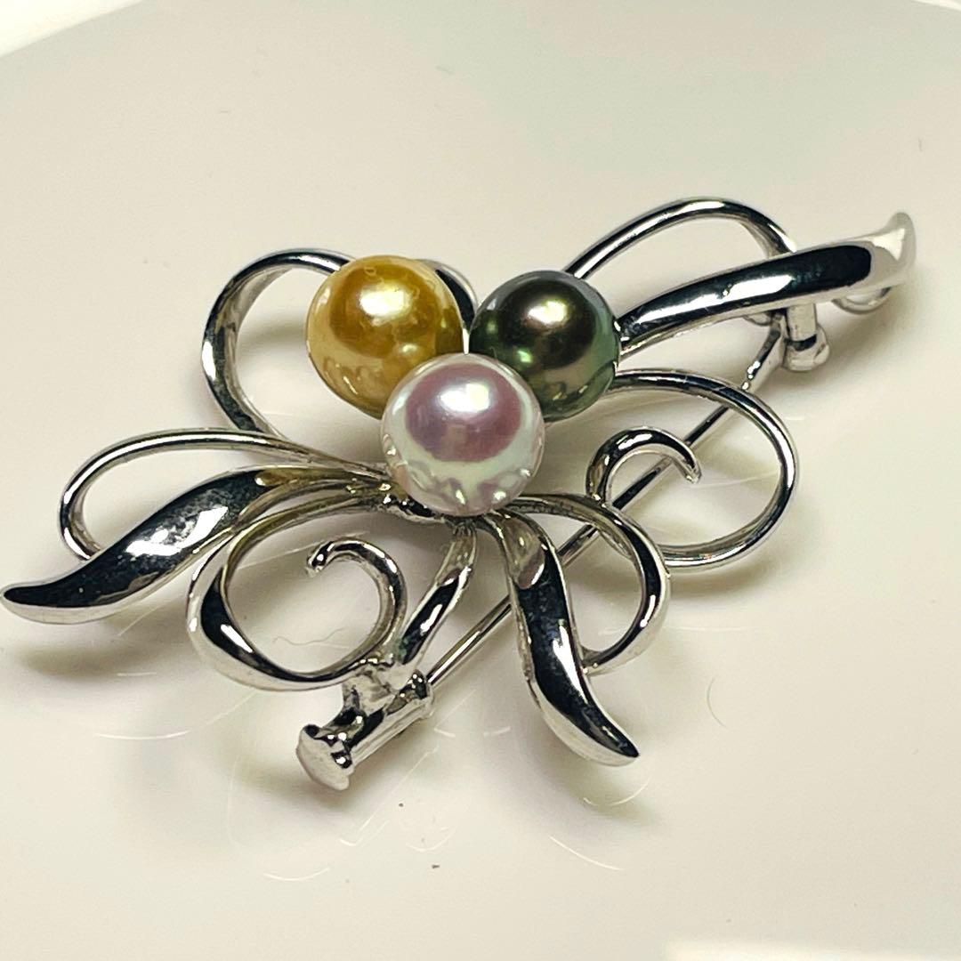 天女 あこやパール　本真珠 ブローチ オーロラ 黒蝶 ゴールドパール　本物8mm