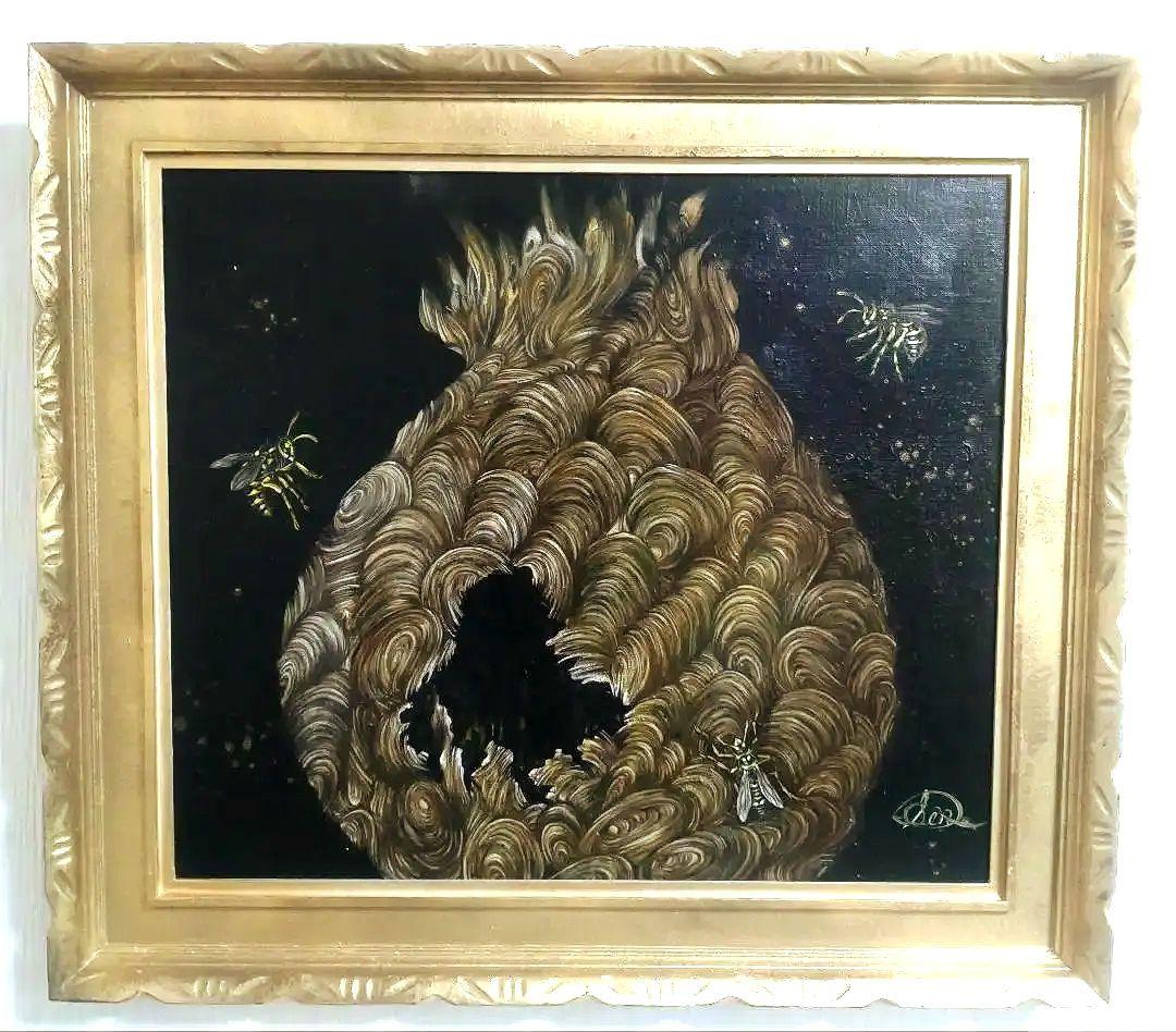 蜂の油絵【蜂の巣】1点物の元の/作者サイン入り/肉筆/F10号