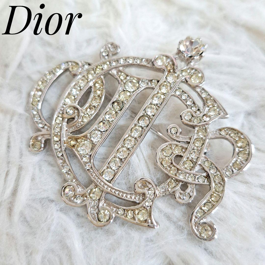 極美品✨クリスチャンディオール エンブレムロゴブローチ ラインストーン ビジュー