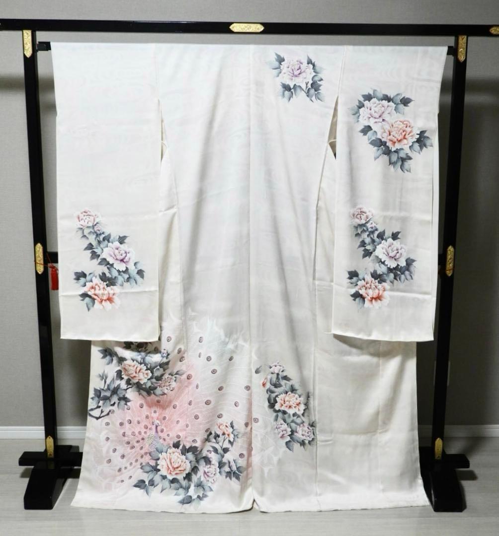 お値下げします！【仮縫い・未仕立て】振袖 正絹 白地 孔雀と牡丹柄 レトロモダン