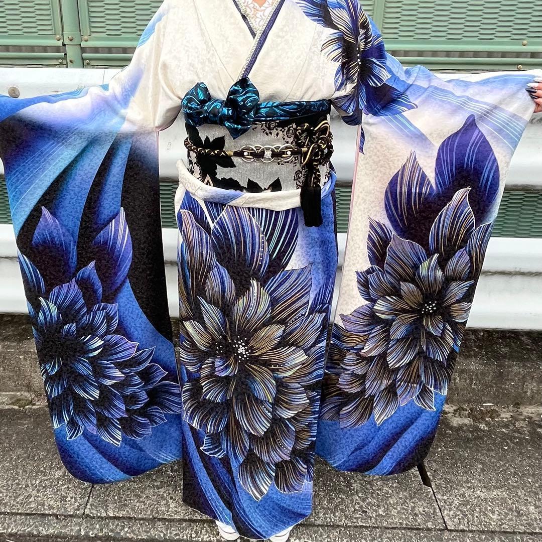 青系花柄振袖 着物 振袖フルセット