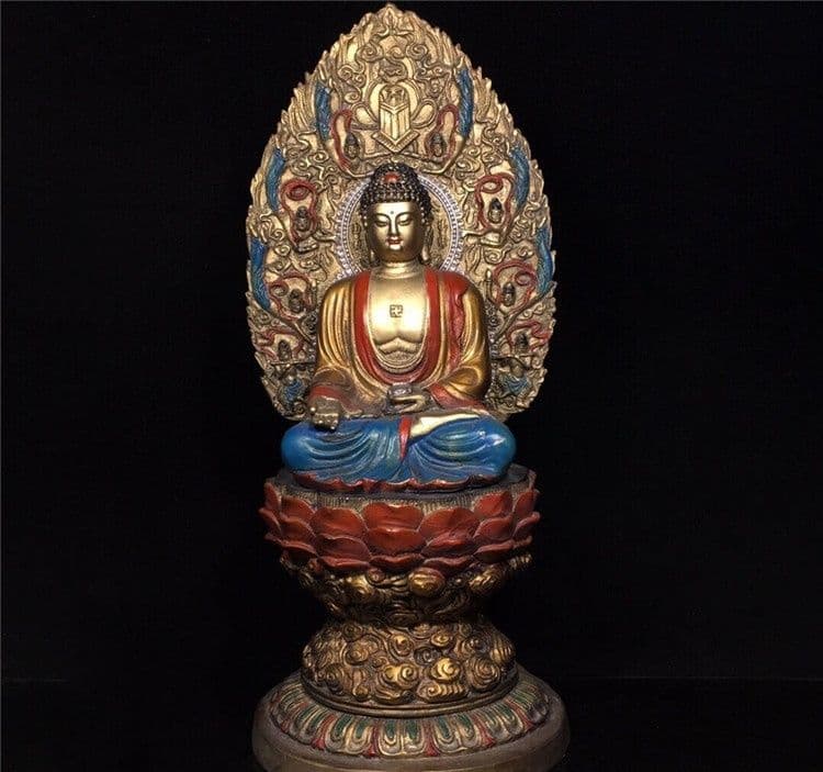 釈迦牟尼蓮華座仏像を彩色しました 精密彫刻 銅製 置物 開運 厄除け 工芸品