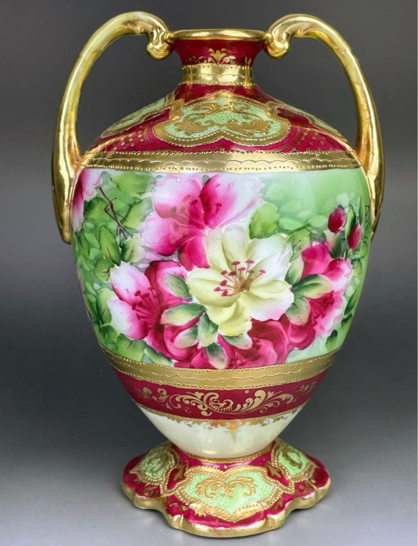 オールドニッポン ２２㎝ アールヌーボー様式 薔薇紋 花瓶 バラ つつじ アザレ