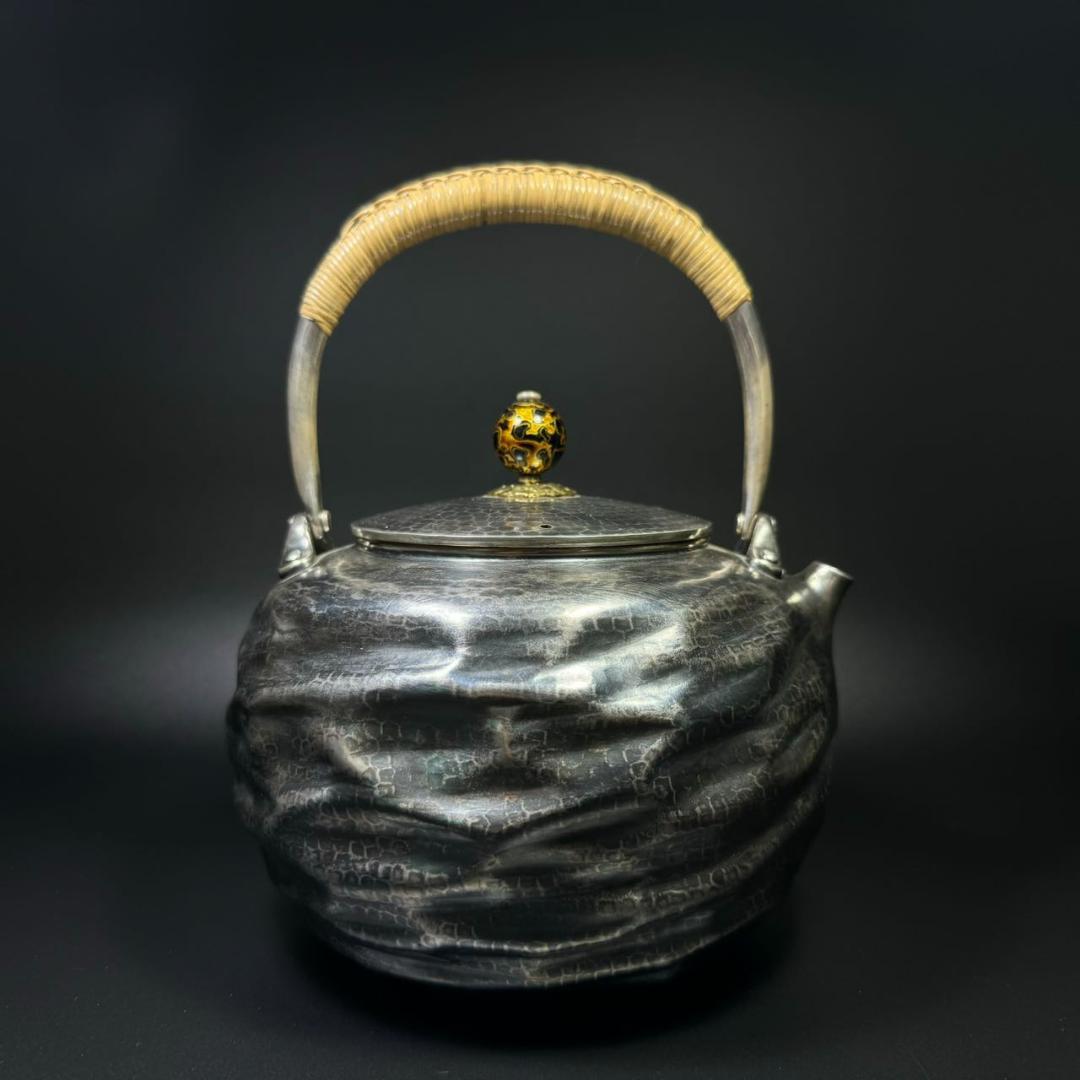 純銀製 金壽堂造 槌目 湯沸 古美術品 銀瓶 煎茶道具 箱付 純銀保証