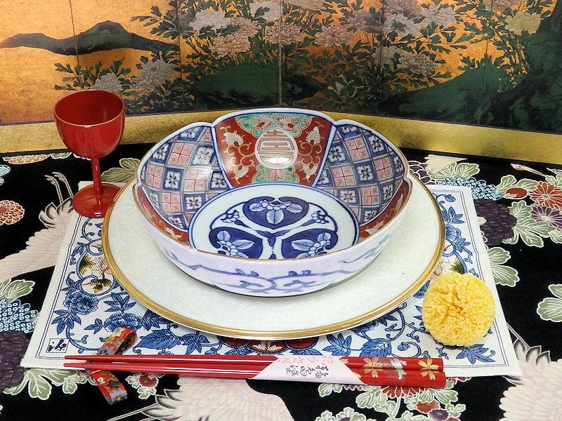 大聖寺伊万里　寿に金唐草　中陰菱に花菱紋の図　大振膾皿　B340AS-CVc