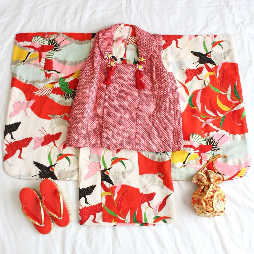 七五三 3歳 女の子 子供 アンティーク 鶴 着物 総絞り 被布 セット