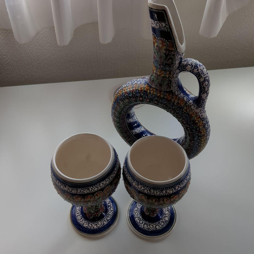 トルコ【カッパドキア】　陶器デキャンタとワイングラスセット