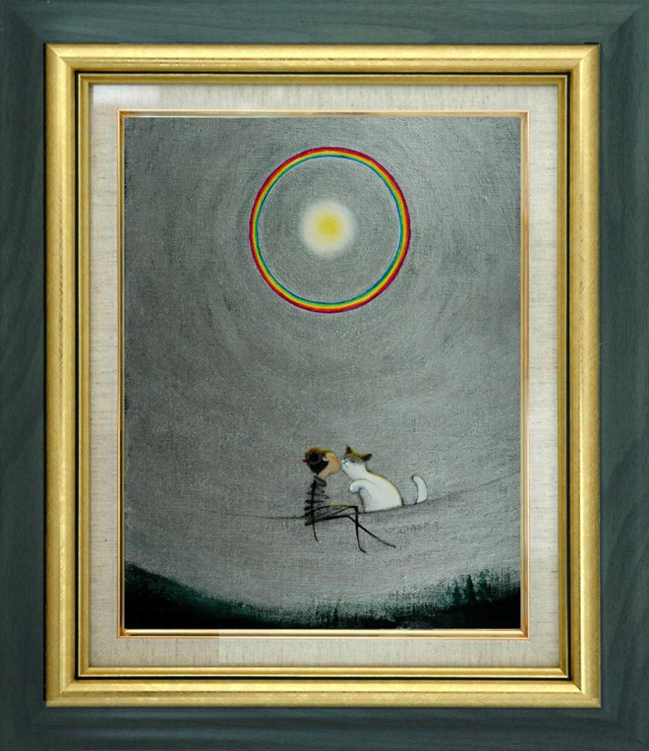 油絵 菅家令子絵 絵画インテリア額付(青緑＋金色の枠)F3-031019猫女の子