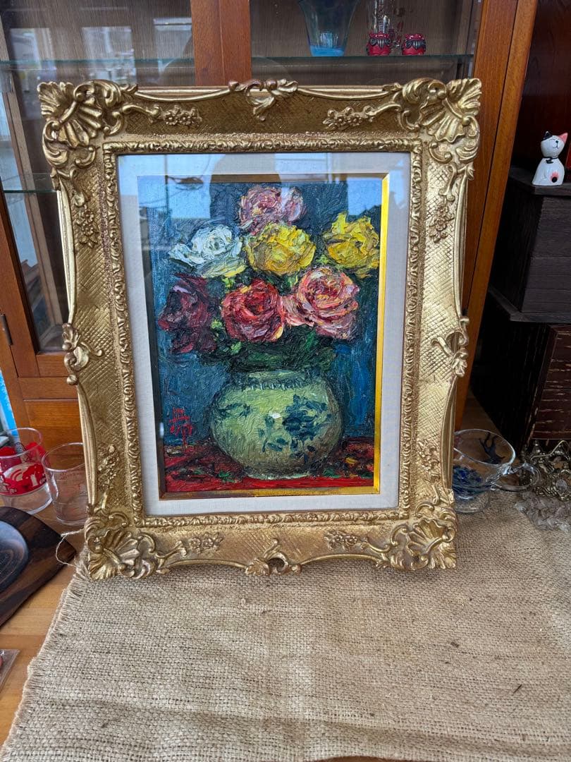 s*a様 花瓶のバラ 油彩画 金色フレーム付き