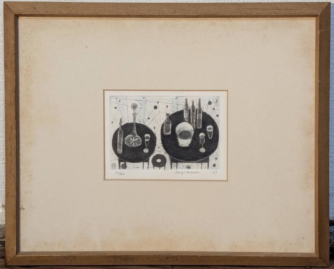 【真作】版画　銅版画　ボトルとグラスの静物版画　モノトーンアート　Y161