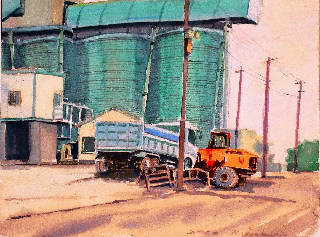 工場地帯水彩画 額装済み F6サイズ