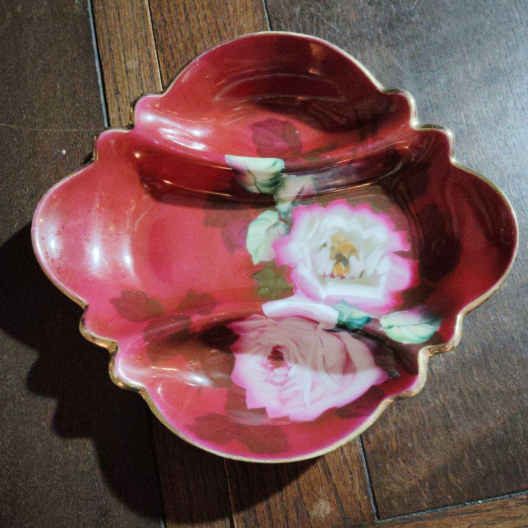 森村製オールドノリタケ赤いバラ柄の陶器菓子器