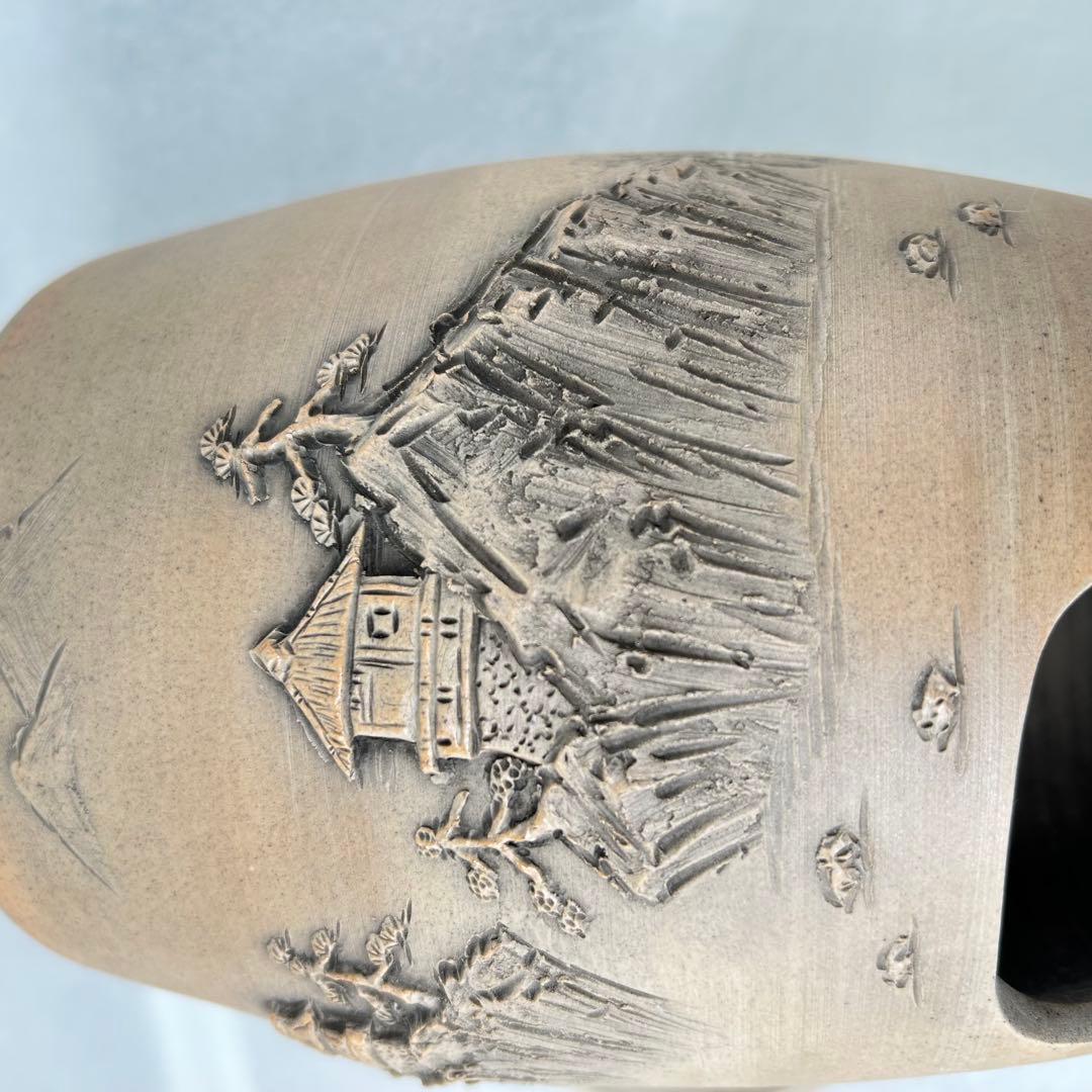 羽柴興誓作 山水彫 涼炉 共箱付 陶製 興誓窯 煎茶道具