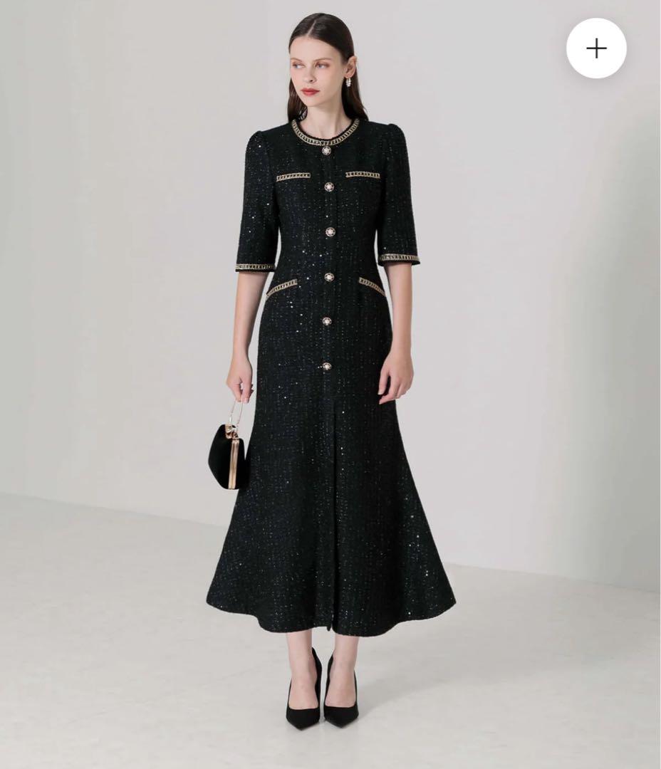 値下げ中❗️LEJA ラメツイードレザーパイピングパールマーメイドワンピースドレス