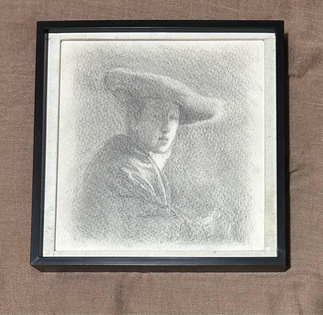 ヨハネス・フェルメール「赤い帽子の女」の鉛筆模写　額付き　箱あり