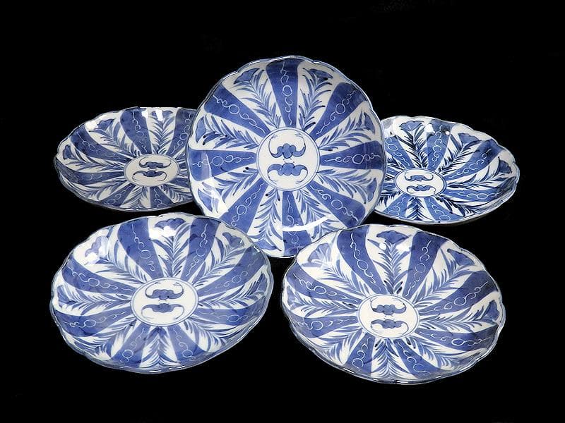古伊万里　染付　墨弾き　撫子に蝙蝠の図 ５寸半皿　５客　252AS-CAx