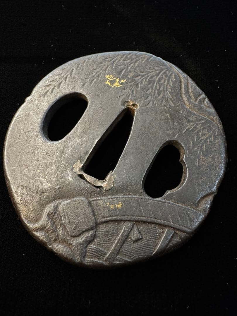 無銘 鉄地鐔 布目象嵌 橋図 鍔 拵 日本刀 刀装具 骨董 古美術 江戸時代