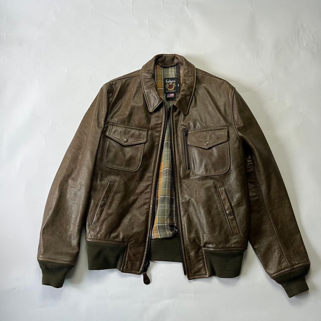 usa製 ショット レザージャケット 牛革 チェック 裏地 ブラウン 茶色 M