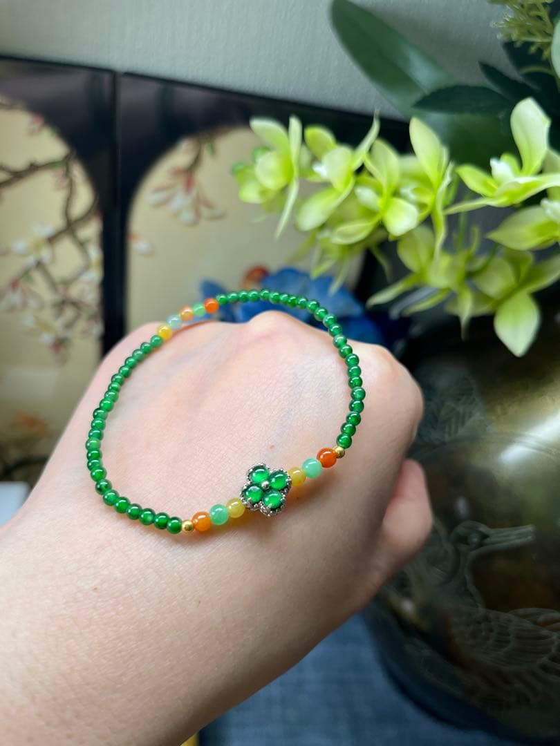新入荷❣️貴重‼️18kビーズ入り、ロウカン質氷種満陽緑ビーズ&【幸運】四葉草ブレス