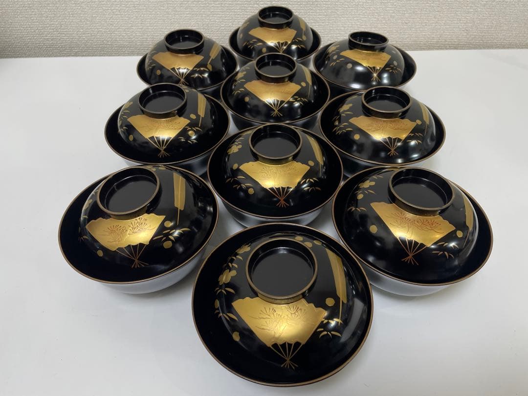 漆器 輪島塗 金蒔絵 扇柄 黒 内黒 吸物 割烹 蓋付き10客個 お煮物椀