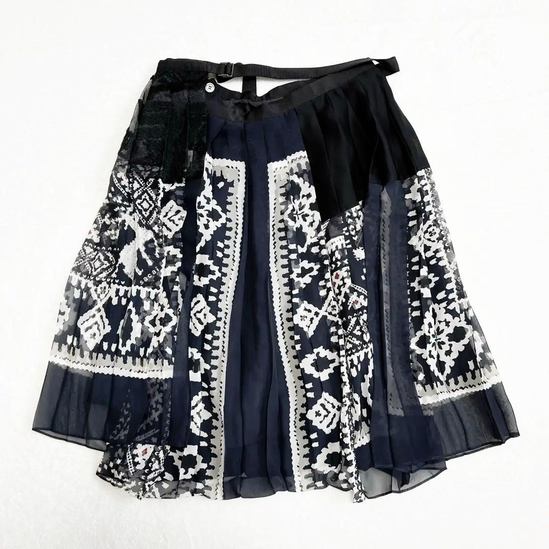 サカイ sacai 2018 プリーツ プリント ベルト スカート 1 ネイビー