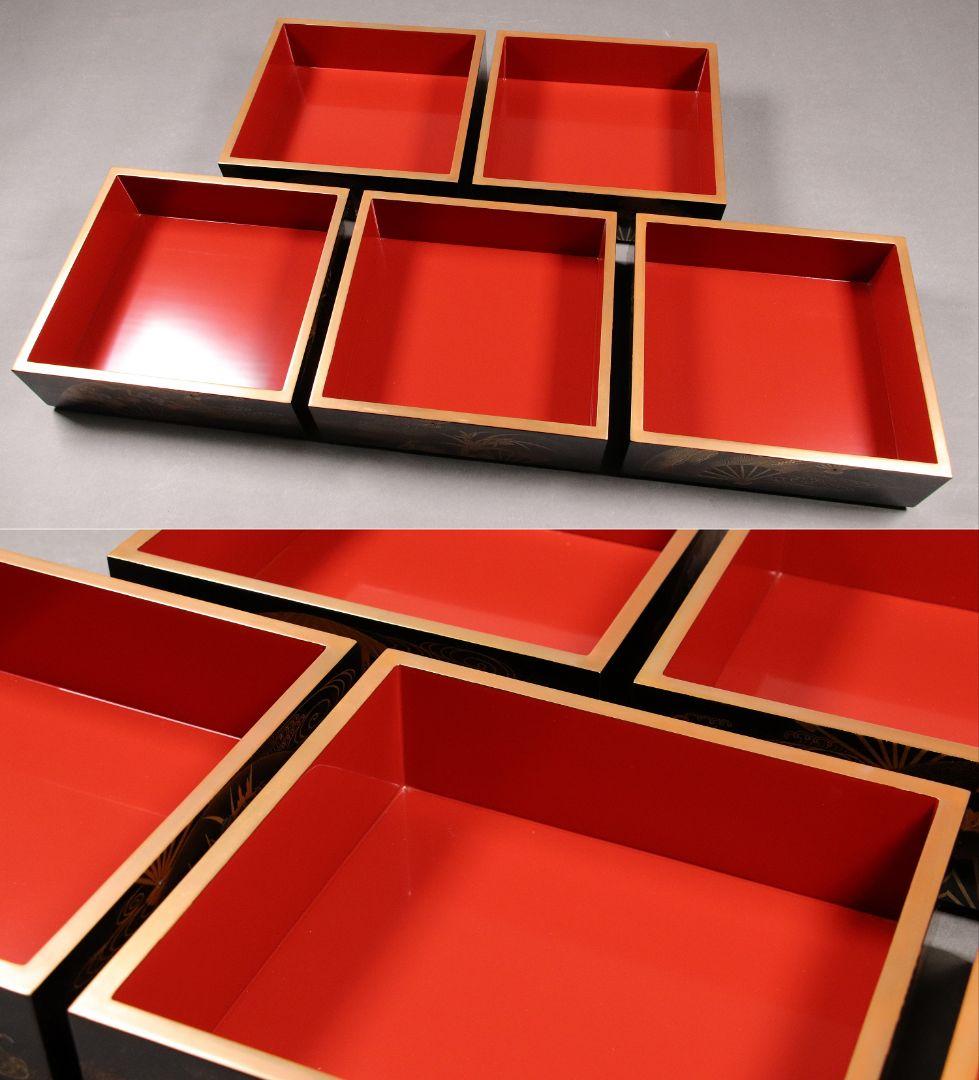 M667/輪島塗 桐鳳凰草花扇面金蒔絵 銀象嵌 螺鈿細工 黒塗内朱塗五段重 重台