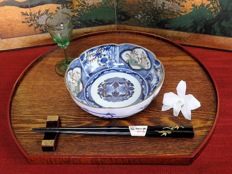 古伊万里　染錦　窓絵　雪輪に笹　花の図　膾皿　江戸期　C744AS-fbtv