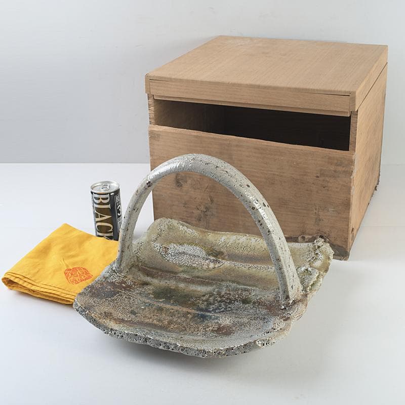 益子焼　高内秀剛作　塩釉　手付四方皿　共箱　V　R9086B