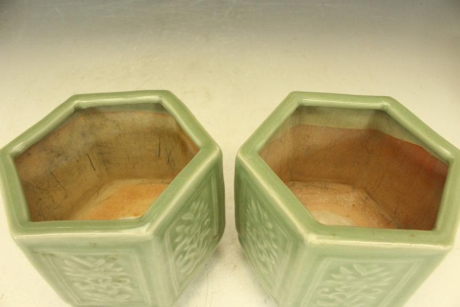 茶道具 六角 青磁 火入 煙草盆 一対 江戸末期-明治(A258)