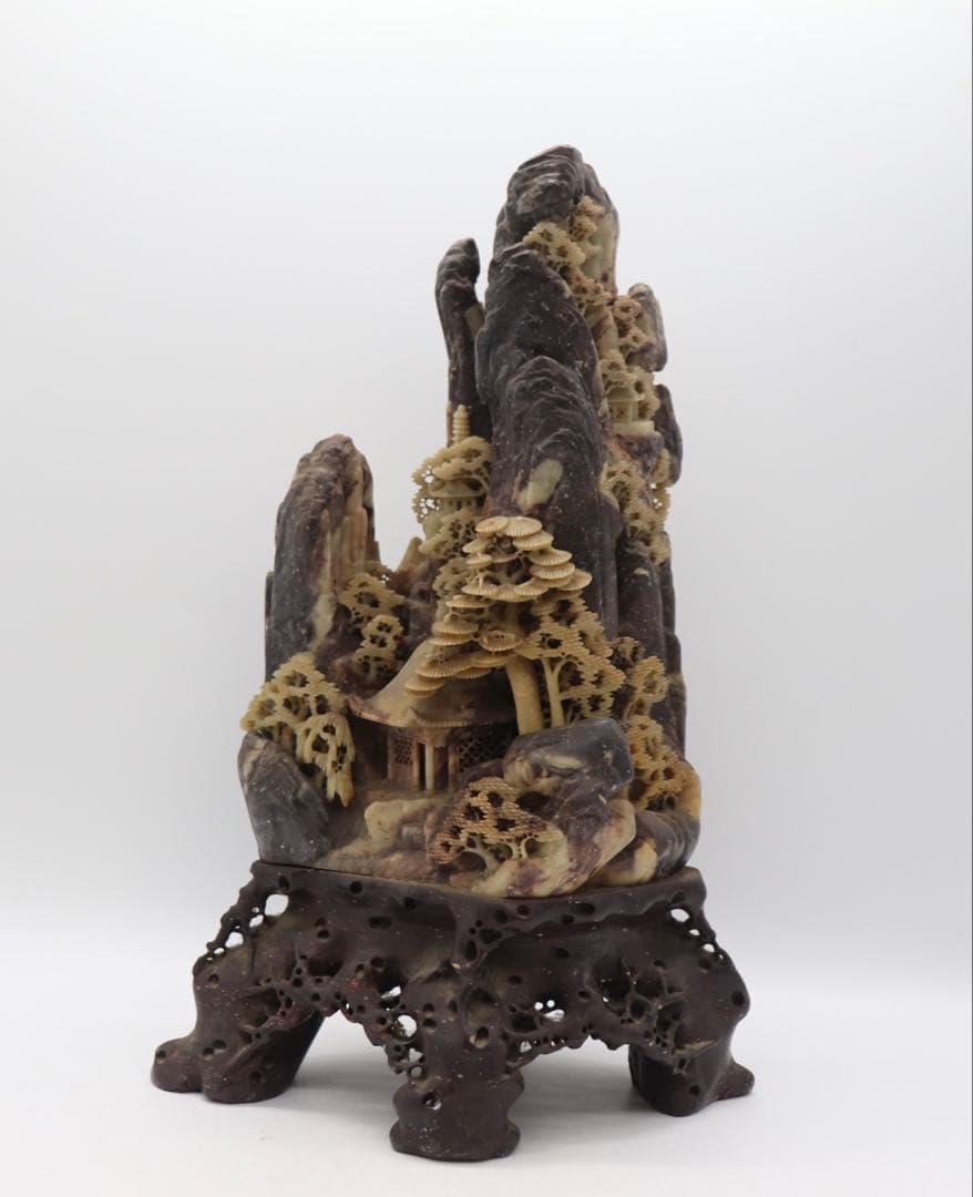 中国　寿山石　山水楼閣彫　置物　送料込み251015