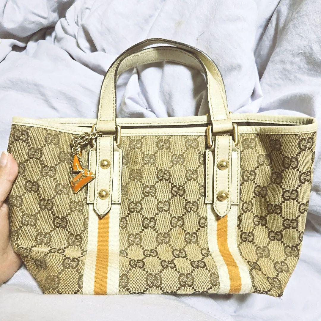 最終値下げ！GUCCI ハンドバッグ ベージュ オレンジ ストライプ