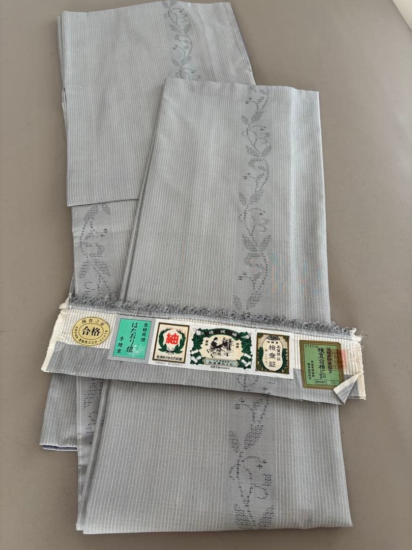 奥順 証紙 はたおり娘 結城紬 ライトグレー 亀甲絣 更紗 80亀甲 極美品