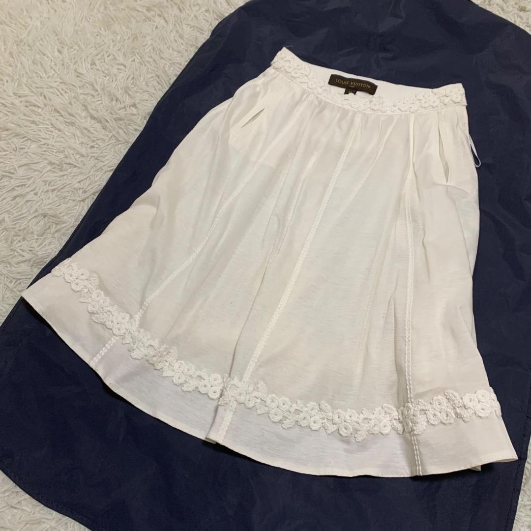 良品✨ルイヴィトン レース 刺繍 フレアスカート 白 ホワイト 34 S
