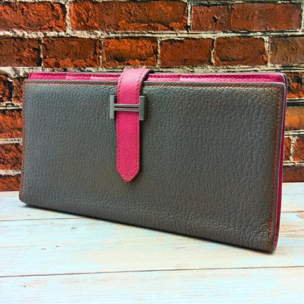 エルメス ベアンスフレ 長財布 ヴォーエプソン バイカラー グレージュ ピンク