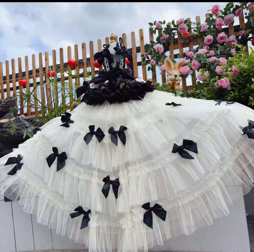 花*様 値下げ犬服 ロングドレス ホワイト/ブラックSサイズ