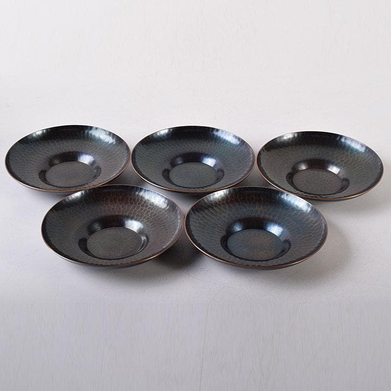 鎚起銅器　玉川堂造　紫金色鎚肌　茶托　茶筒　茶さじ　茶器揃　共箱　D　R8147