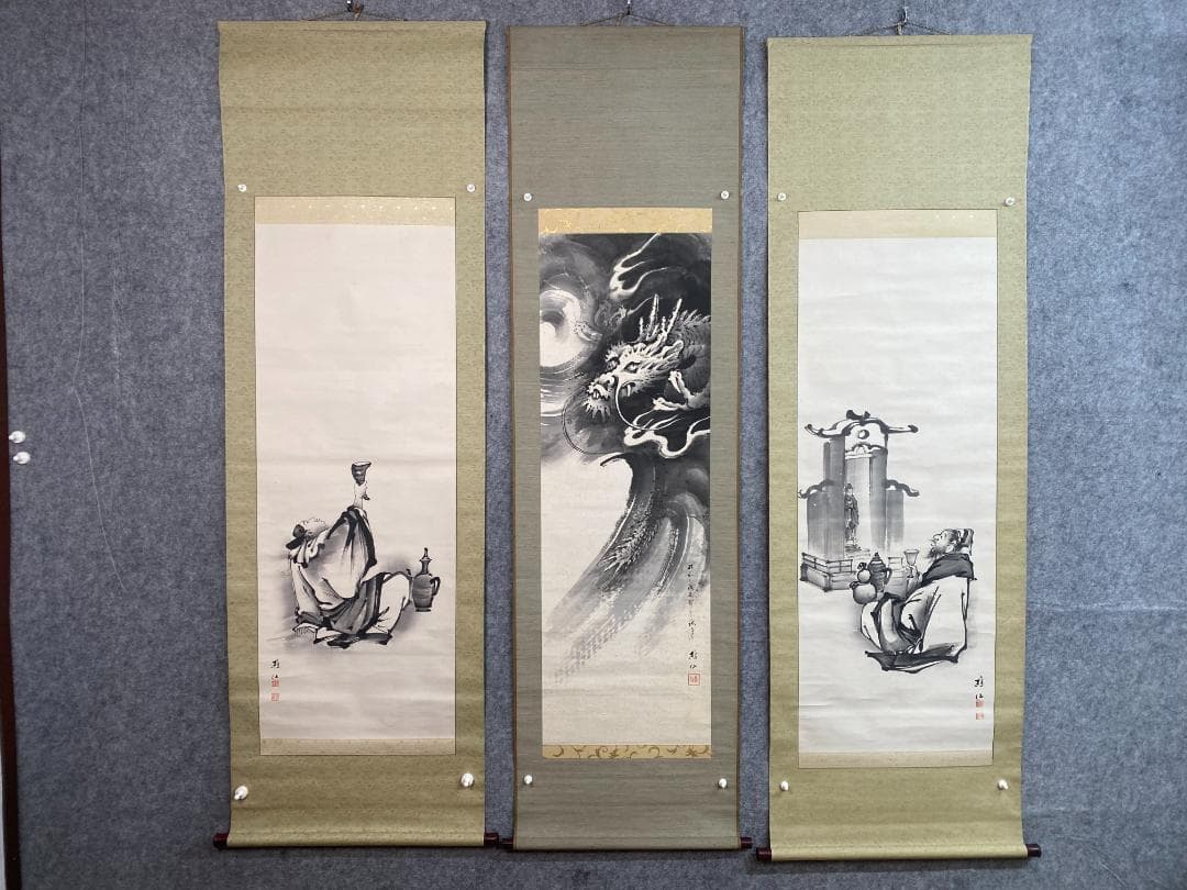 近藤樵仙 水墨図 三幅 熊本 肥後 師杉谷雪樵 掛軸24102509