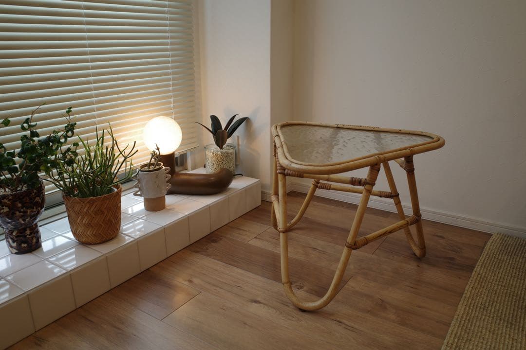 vintage ラタン ガラス △ サイドテーブル