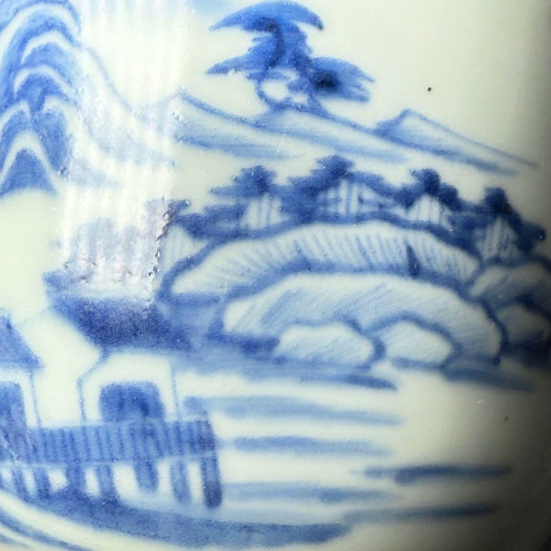 後期鍋島　染付風景画向付　三点　緻密な絵付　汲み出し　湯呑み　幕末〜明治期