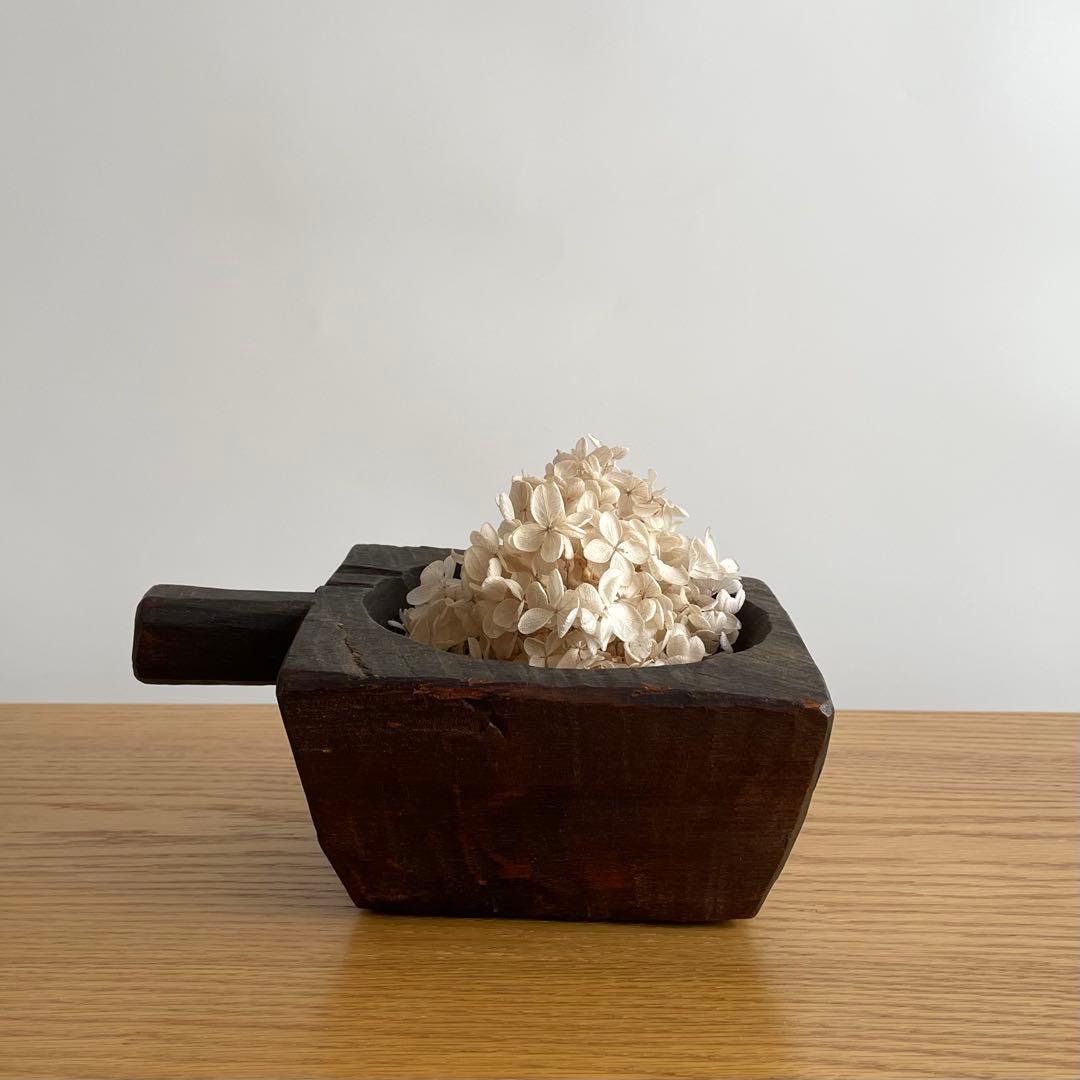アンティーク 民藝 木工 把手付臼 花器 ブロカント インド FOLK ART