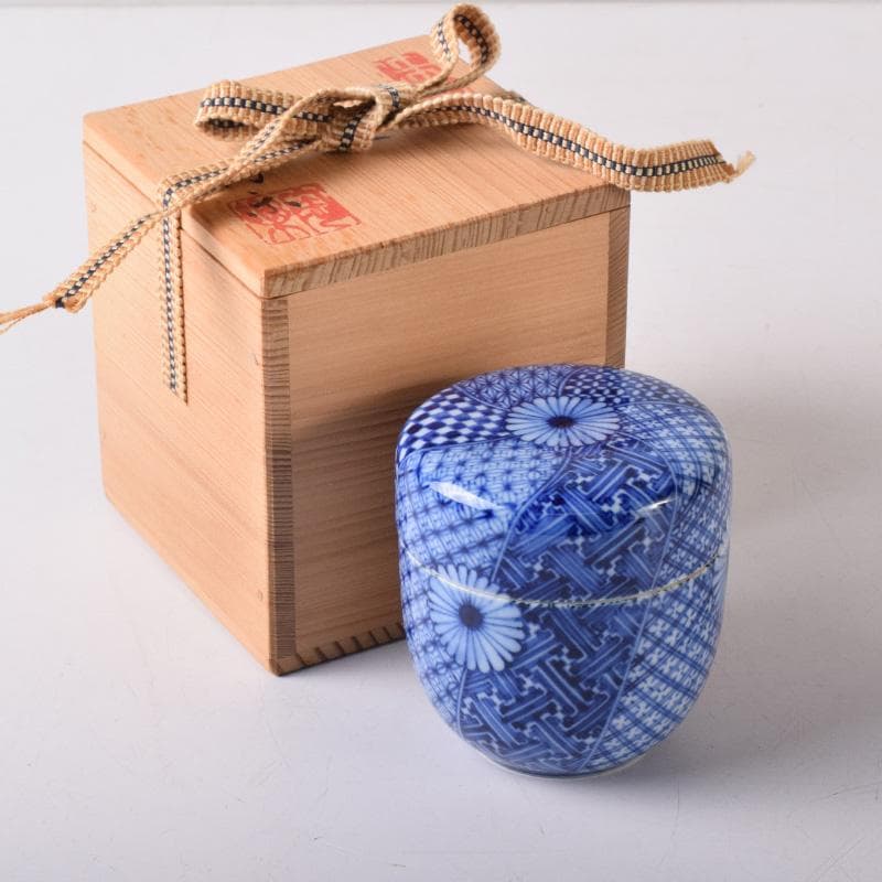茶道具　陶楽造　染付　花文　棗　共箱　V　7841