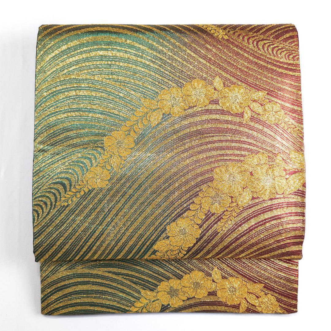 R7SK1473 袋帯 振袖用 礼装用 波 草花 全通柄 ゴールド シルバー