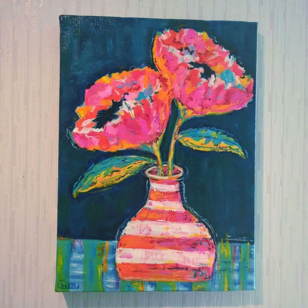キャンバス油絵 　専用　花瓶に入れた二輪のお花
