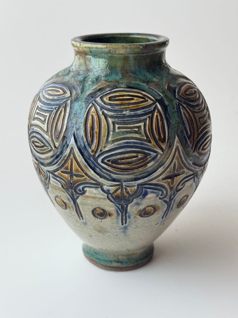 ヴィンテージ 民藝 沖縄県 壺屋焼 花瓶 壺 装飾的な青緑色の陶器 やちむん