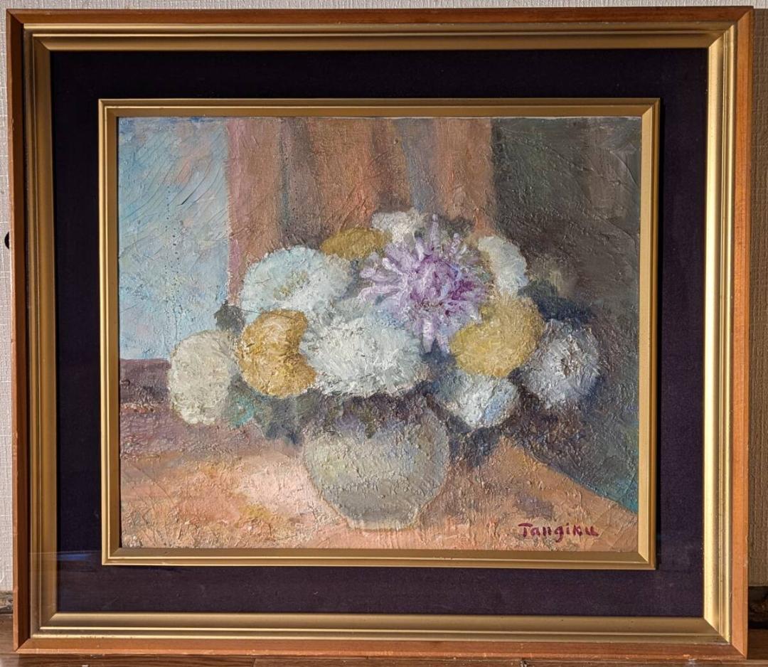 【真作】絵画　油彩8号　優雅な花瓶の菊　柔らかな色彩で描かれた静物画　V136