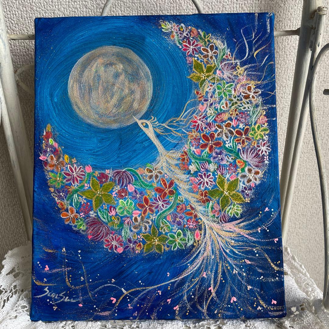 風水開運絵画＊満月花耀飛翔鳳凰　金運　恋愛結婚愛情運上昇　くじ　自信発展　縁結び