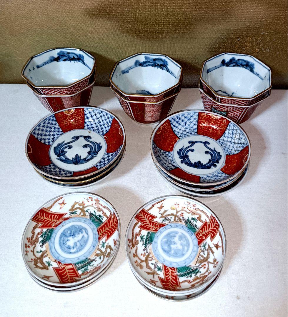 SORA　明治時代の錦手大猪口、色付小皿、金彩色絵小皿各６客計１８客セット